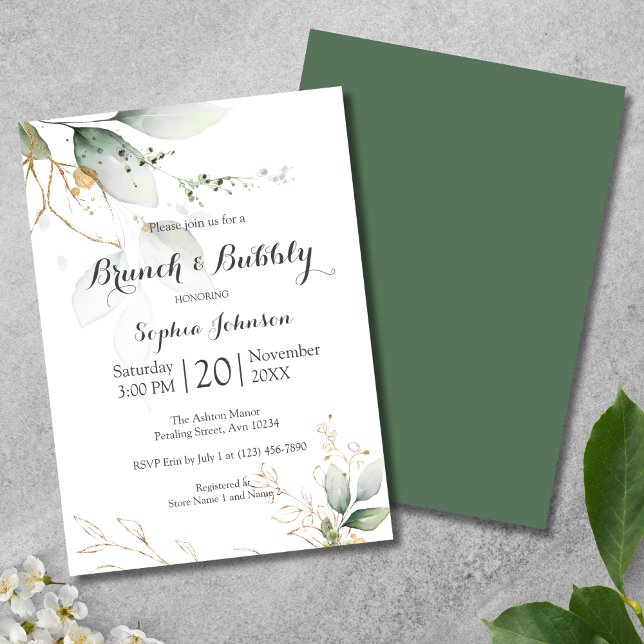 Floral Green Gold Brunch & Bubbly Bridal Shower Einladung (Brunch and Bubbly Bridal Shower Invitation)