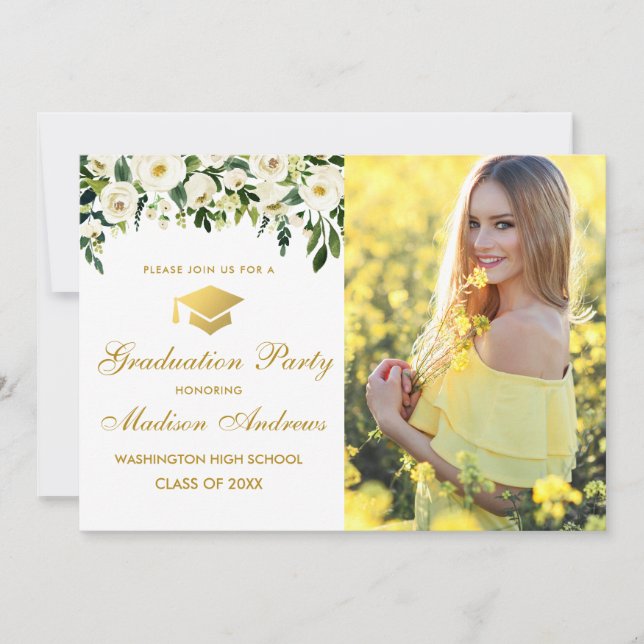 Floral Green Gold Photo Invitation de la fête de g (Devant)