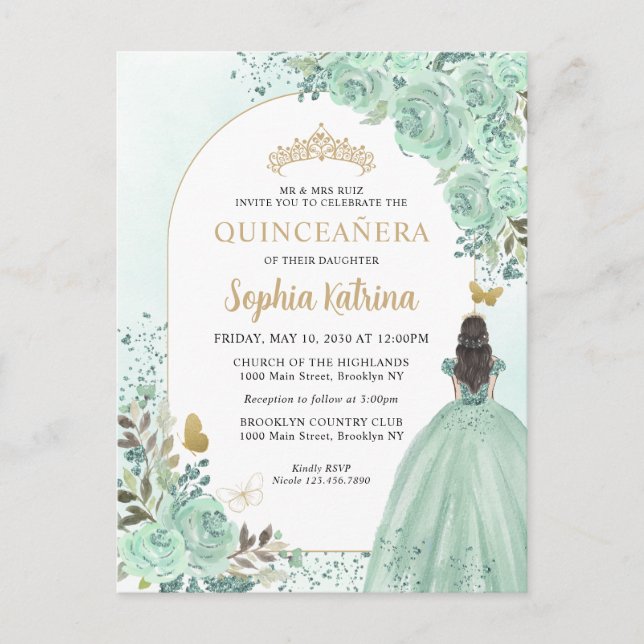 Floral Green Gold Princess Birthday Quinceanera Einladungspostkarte (Vorderseite)