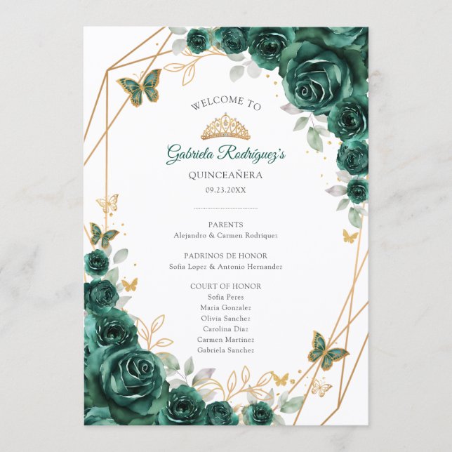 Floral Green Gold Quinceanera Order of Events Programm (Vorderseite)