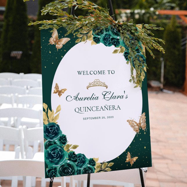 Floral Green Gold Tiara Butterfly Quinceañera Poster (Von Creator hochgeladen)
