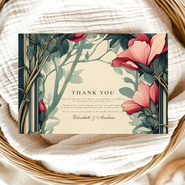 Floral Green Gold Wedding Art Nouveau Dankeskarte (Von Creator hochgeladen)