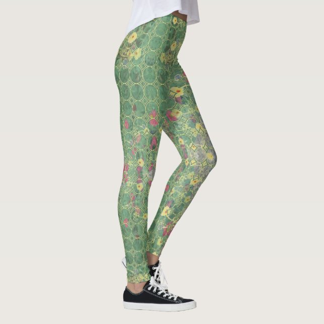 Floral Green Grey Tile  Leggings (Rechts)