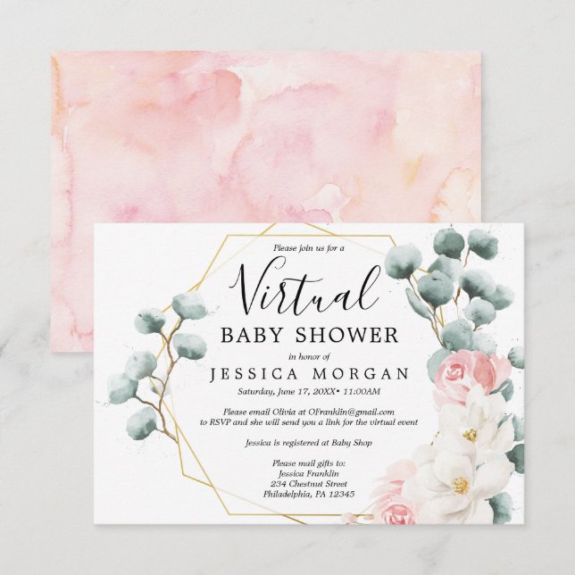 Floral Green Invitation Baby shower virtuel (Devant / Derrière)