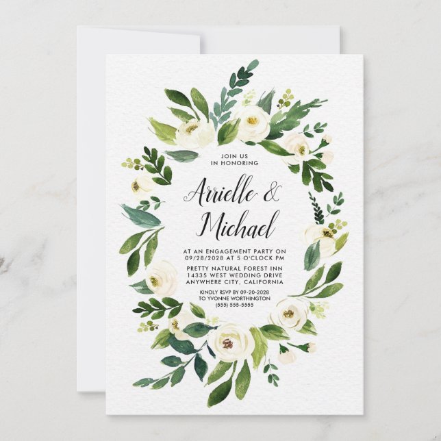 Floral Green Ivory Engagement Parties Invitations (Devant)