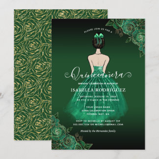 Floral Green Princess Gold Birthday Quinceañera Einladung