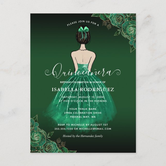 Floral Green Princess Gold Birthday Quinceañera Postkarte (Vorderseite)