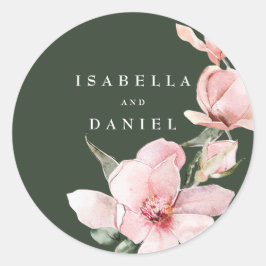 Floral Green Rose Magnolia Wedding Runder Aufkleber