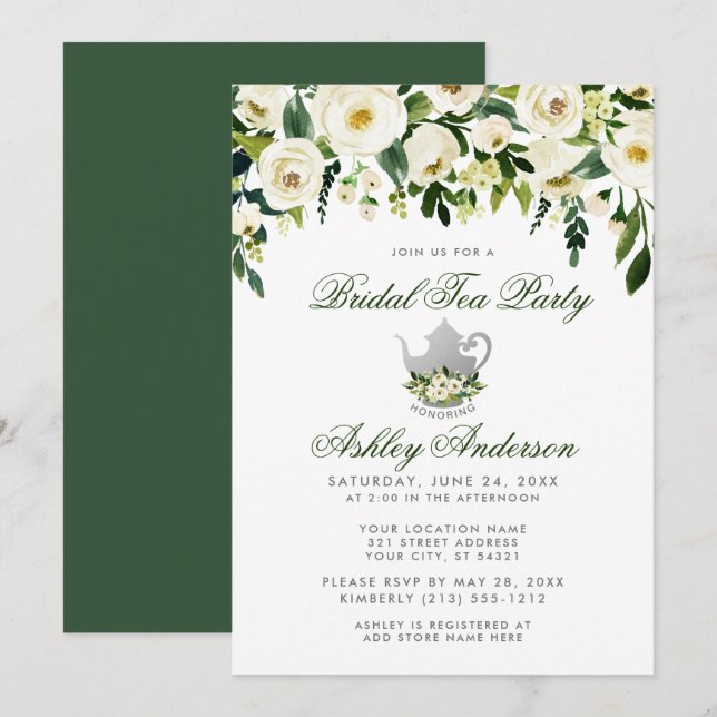 Floral Green Silver Bridal Tea Party Invitation GS (Devant / Derrière)