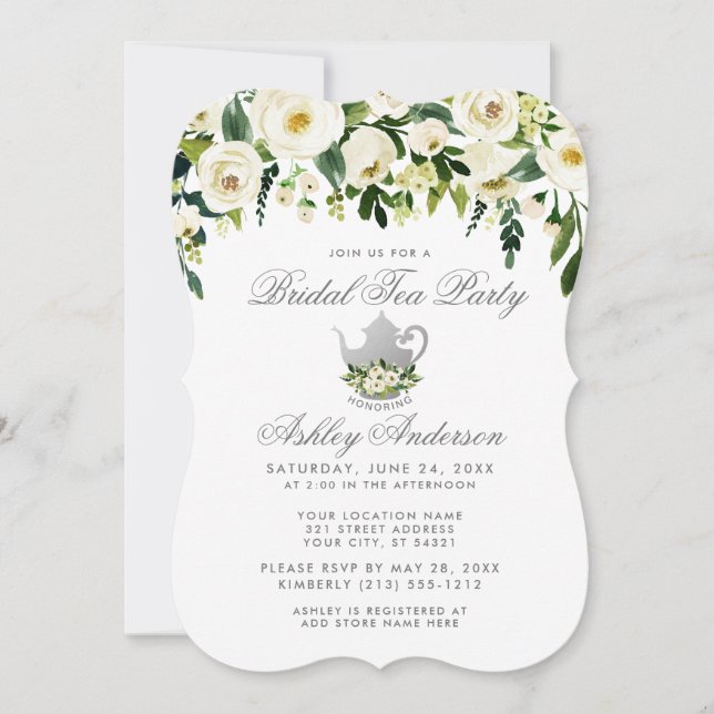 Floral Green Silver Invitation du Tea Party (Devant)