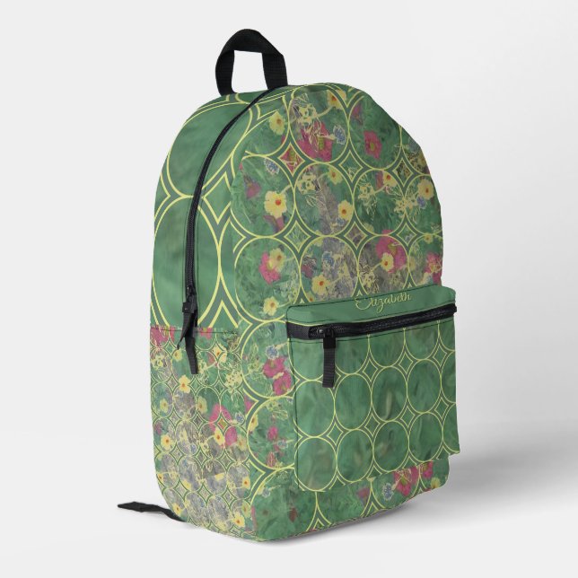 Floral Green Tile Bedruckter Rucksack (Rückseitige Ecke links)
