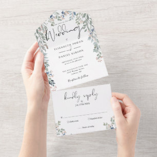 Floral Greenery Elegante Script Wedding All In One Einladung