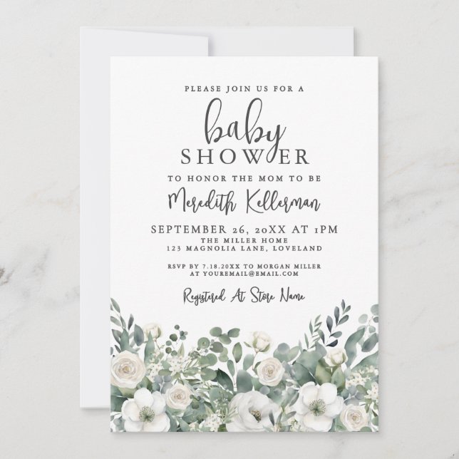 Floral Greenery Eucalyptus Baby Shower Einladung (Vorderseite)