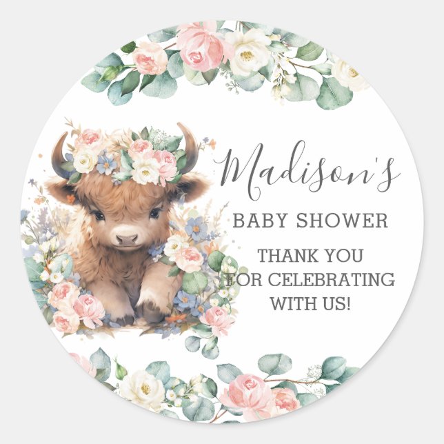 Floral Greenery Niedlich Highland Cow Vielen Dank  Runder Aufkleber (Vorderseite)