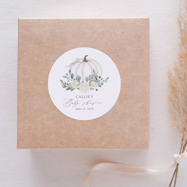 Floral Greenery Pumpkin Baby Shower Runder Aufkleber (Von Creator hochgeladen)