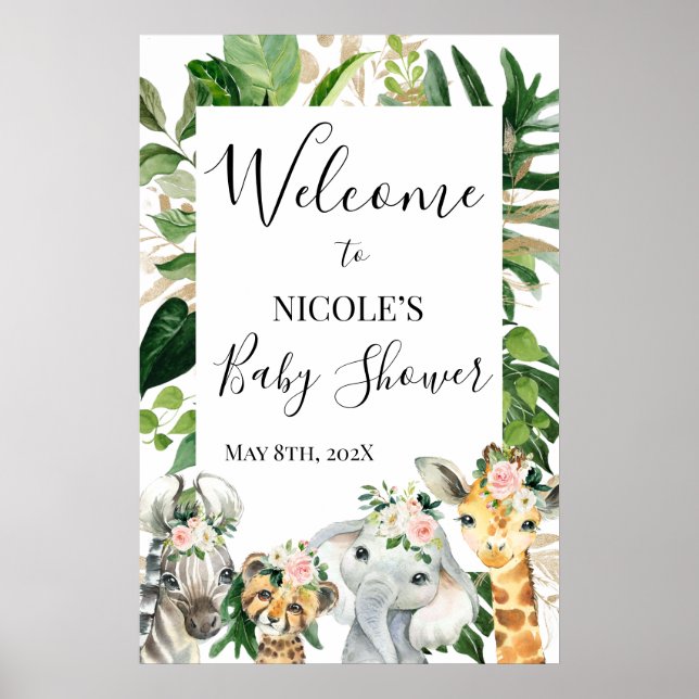 Floral Greenery Safari Baby shower Affiche de bien (Devant)