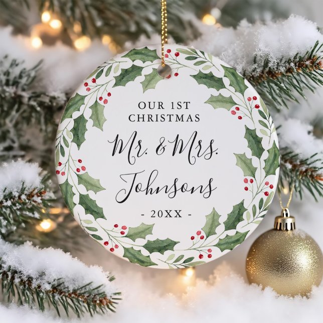 Floral Greenery Wreath Our First Christmas Keramik Ornament (Von Creator hochgeladen)