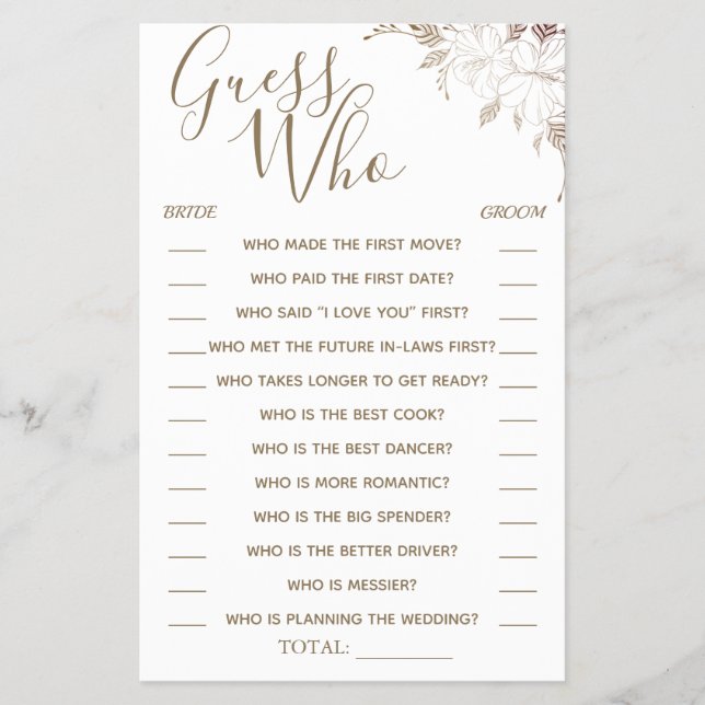 Floral Guess Who Brautparty Game Card Flyer (Vorne)