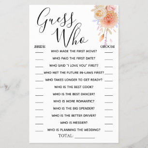 Floral Guess Who Brautparty Spielkarte Flyer