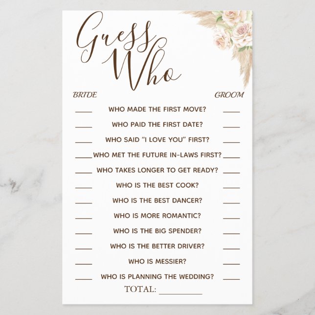 Floral Guess Who Brautparty Spielkarte Flyer (Vorne)