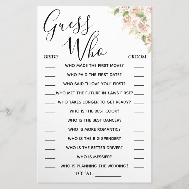 Floral Guess Who Brautparty Spielkarte Flyer (Vorne)