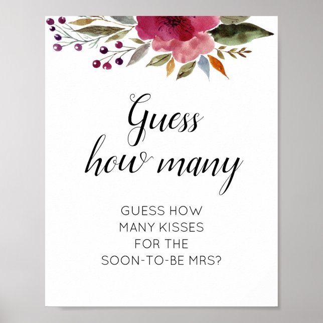 Floral Guess Wie viele Kisses Brautparty Game Poster (Vorne)