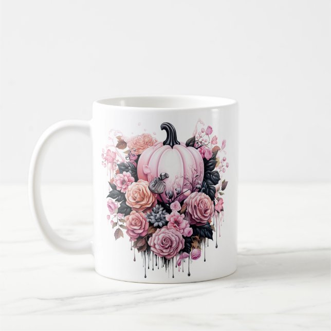 Floral Halloween Pink Pumpkin Kaffeetasse (Links)