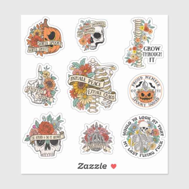 Floral Halloween Pumpkin Skeleton Skull Aufkleber (Blatt)