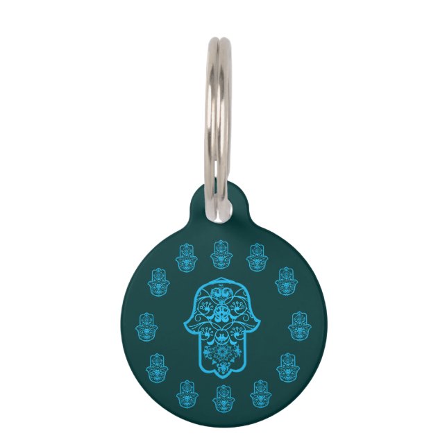 Floral Hamsa (blau) Haustiermarke (Vorderseite)