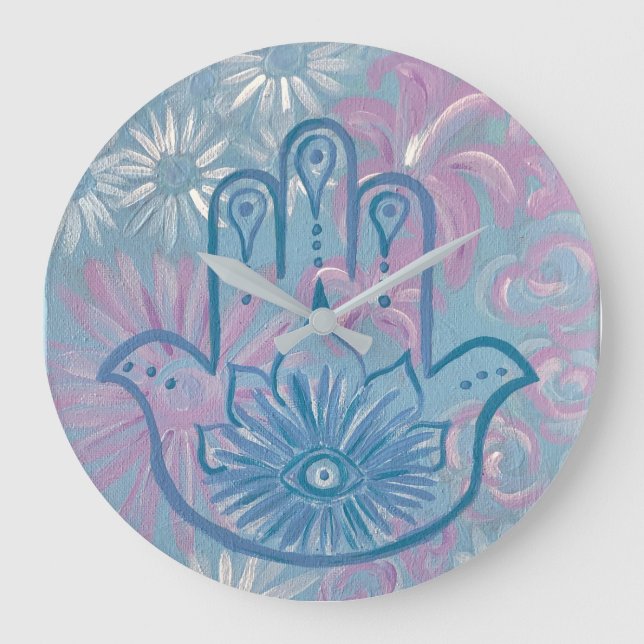 Floral Hamsa Clock Große Wanduhr (Vorderseite)