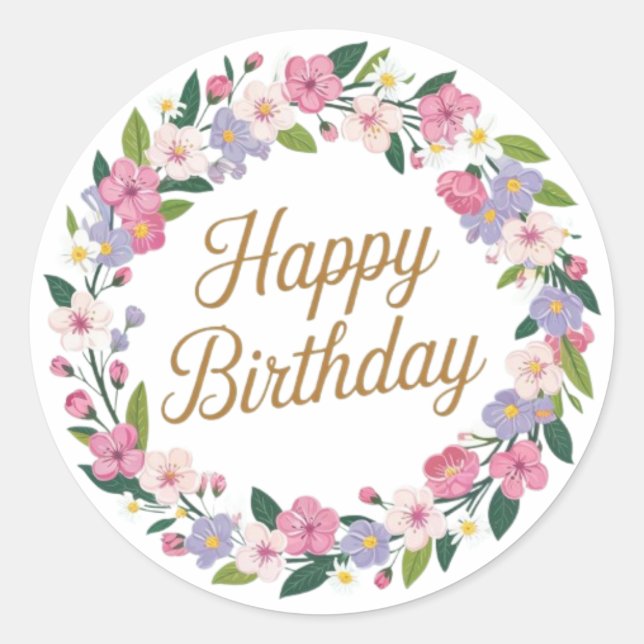 Floral Happy Birthday Wreath Personalisiert Gruß Runder Aufkleber (Vorderseite)
