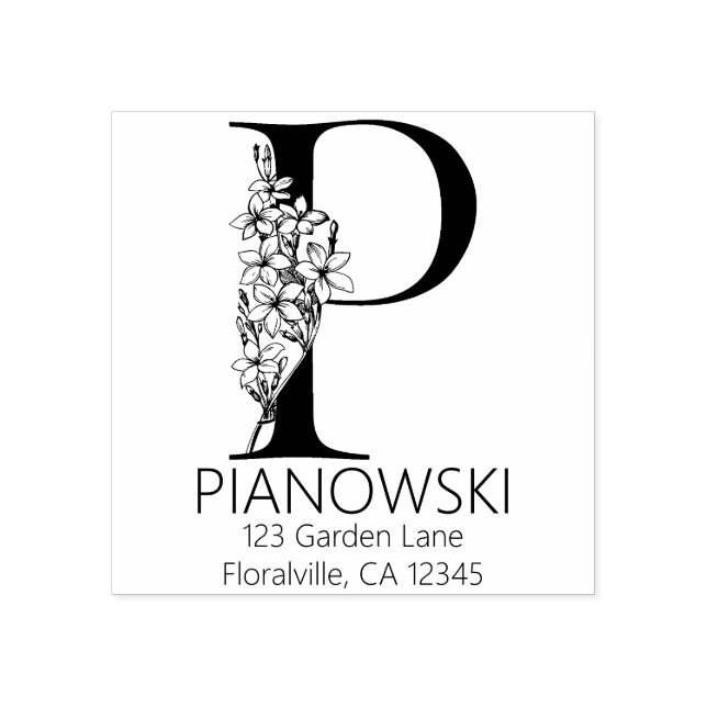 Floral Head Letter - P - Return Address Monogram Gummistempel (Prägung)