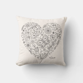 Floral Heart Doodle Romantic Botanical Line Art Kissen