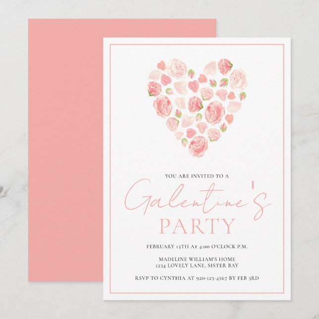 Floral Heart Galentine's Day Party Invitation (Devant / Derrière)