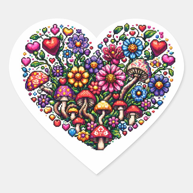 Floral Heart Pixel Art Herz-Aufkleber (Vorderseite)