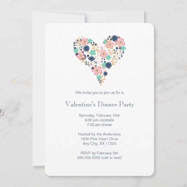 Floral Heart Valentine's Dinner Party laden Einladung (Vorderseite)