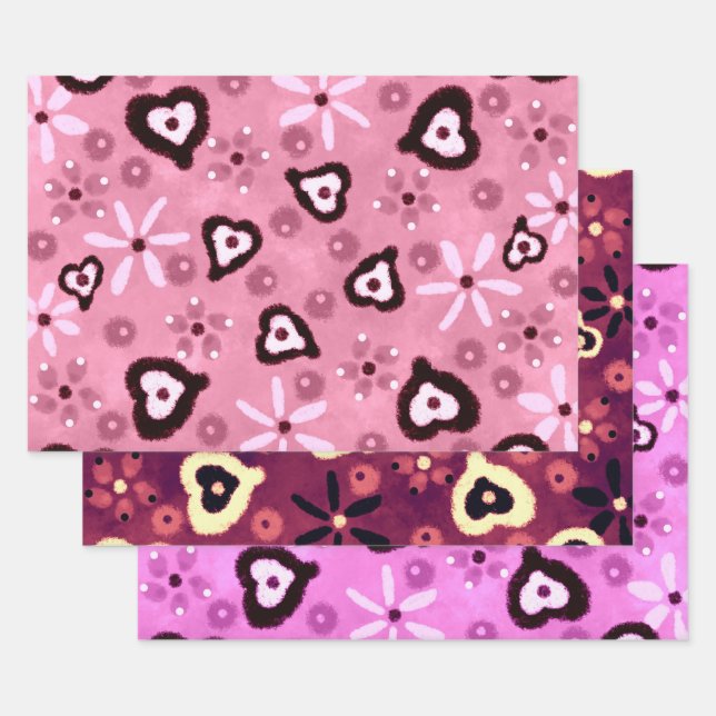 Floral Hearts Shades of Pink Pattern Decoupage Geschenkpapier Set (Set)