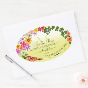Floral-hellgelbe Produktetiketten mit Monogramm Ovaler Aufkleber