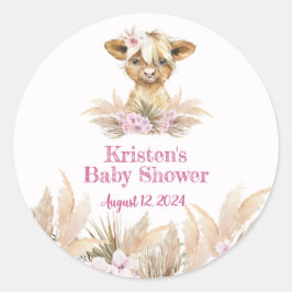 Floral Highland Cow Baby Dusche Runder Aufkleber