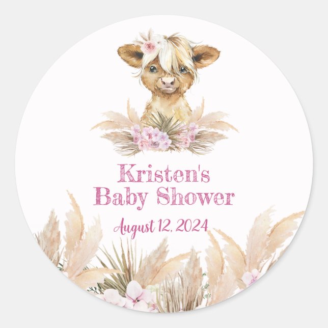 Floral Highland Cow Baby Dusche Runder Aufkleber (Vorderseite)