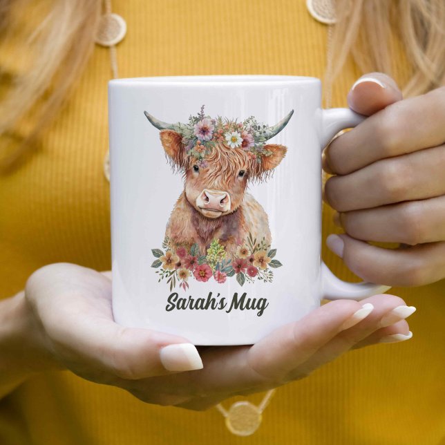Floral Highland Cow Personalisierter Kaffee Kaffeetasse (Von Creator hochgeladen)