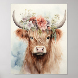Floral Highland Cow Poster