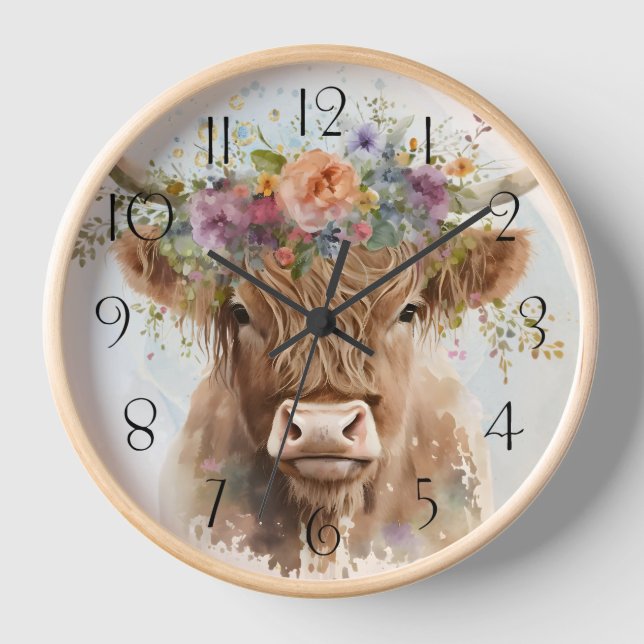 Floral Highland Cow Watercolor Uhr (Vorderseite)