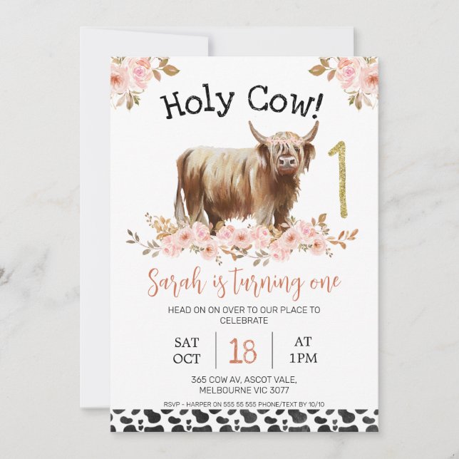 Floral Highland Heilige Kuh Kuh Printing ersten Ge Einladung (Vorderseite)
