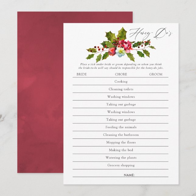 Floral Holly Christmas Brautparty Game Einladung (Vorne/Hinten)