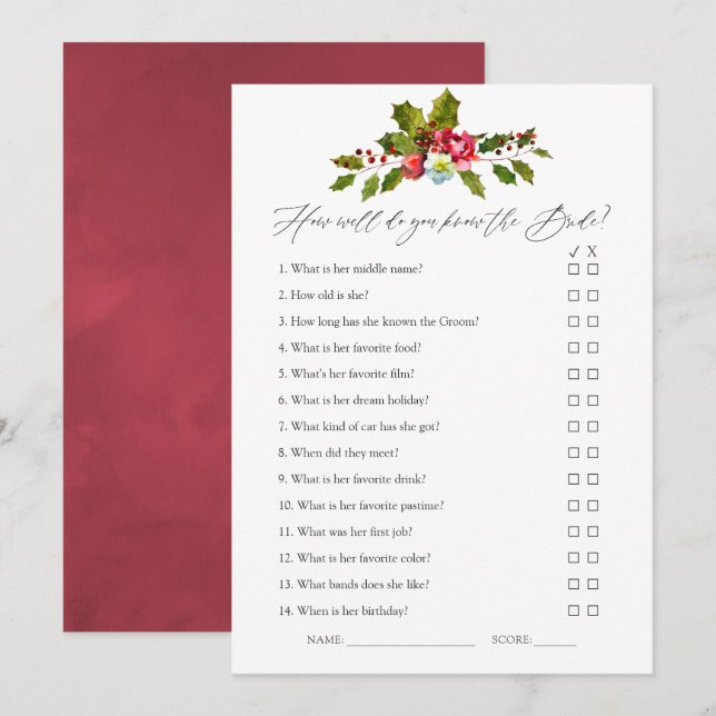 Floral Holly Christmas Brautparty Game Einladung (Vorne/Hinten)