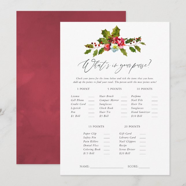 Floral Holly Christmas Brautparty Game Einladung (Vorne/Hinten)