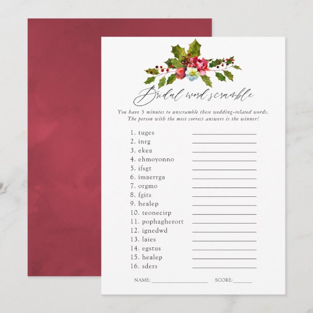 Floral Holly Christmas Brautparty Game Einladung (Vorne/Hinten)