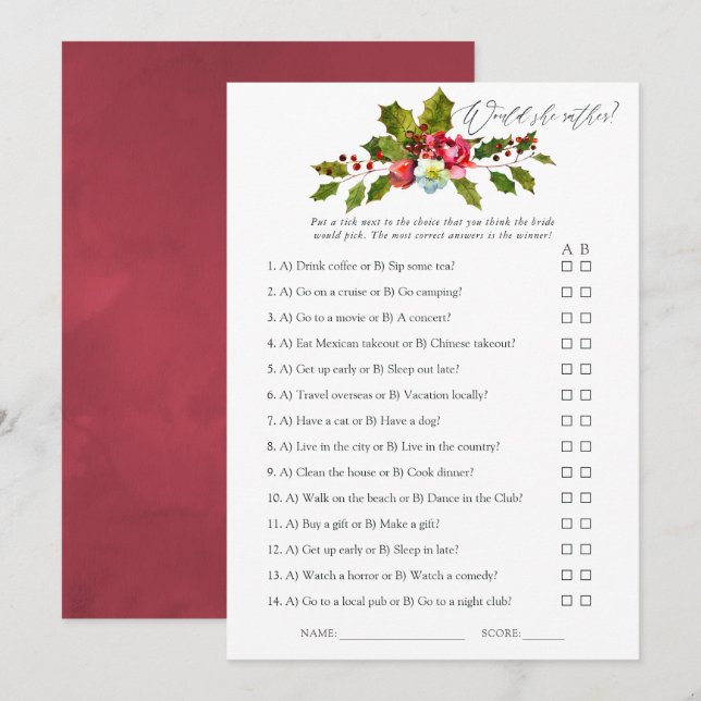 Floral Holly Christmas Brautparty Game Einladung (Vorne/Hinten)