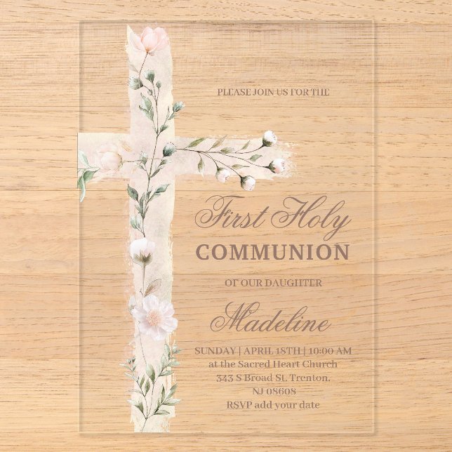 floral Holy cross First Communion Acryleinladungen (Vorderseite)
